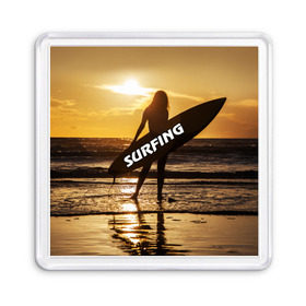 Магнит 55*55 с принтом Surfing в Новосибирске, Пластик | Размер: 65*65 мм; Размер печати: 55*55 мм | Тематика изображения на принте: волна | девушка | море | прикольные картинки | сёрфинг | солнце | спорт | экстрим