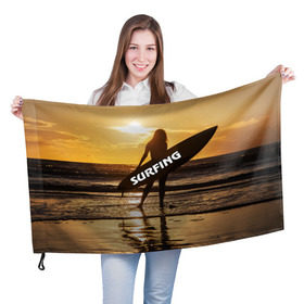 Флаг 3D с принтом Surfing в Новосибирске, 100% полиэстер | плотность ткани — 95 г/м2, размер — 67 х 109 см. Принт наносится с одной стороны | Тематика изображения на принте: волна | девушка | море | прикольные картинки | сёрфинг | солнце | спорт | экстрим