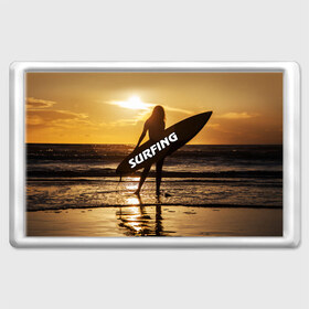 Магнит 45*70 с принтом Surfing в Новосибирске, Пластик | Размер: 78*52 мм; Размер печати: 70*45 | Тематика изображения на принте: волна | девушка | море | прикольные картинки | сёрфинг | солнце | спорт | экстрим