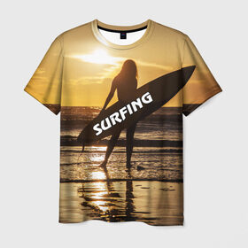 Мужская футболка 3D с принтом Surfing в Новосибирске, 100% полиэфир | прямой крой, круглый вырез горловины, длина до линии бедер | Тематика изображения на принте: волна | девушка | море | прикольные картинки | сёрфинг | солнце | спорт | экстрим
