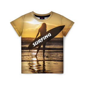 Детская футболка 3D с принтом Surfing в Новосибирске, 100% гипоаллергенный полиэфир | прямой крой, круглый вырез горловины, длина до линии бедер, чуть спущенное плечо, ткань немного тянется | Тематика изображения на принте: волна | девушка | море | прикольные картинки | сёрфинг | солнце | спорт | экстрим