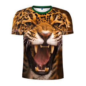 Мужская футболка 3D спортивная с принтом Леопард в Новосибирске, 100% полиэстер с улучшенными характеристиками | приталенный силуэт, круглая горловина, широкие плечи, сужается к линии бедра | Тематика изображения на принте: дикая кошка | клыки | леопард | оскал | хищник