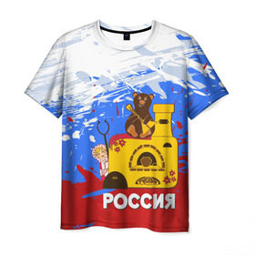 Мужская футболка 3D с принтом Россия. Медведь. Балалайка в Новосибирске, 100% полиэфир | прямой крой, круглый вырез горловины, длина до линии бедер | Тематика изображения на принте: матрешка | печька | россия. медведь. балалайка