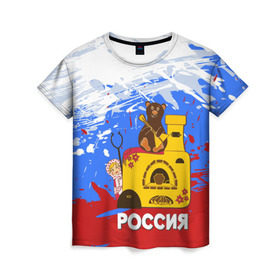 Женская футболка 3D с принтом Россия. Медведь. Балалайка в Новосибирске, 100% полиэфир ( синтетическое хлопкоподобное полотно) | прямой крой, круглый вырез горловины, длина до линии бедер | матрешка | печька | россия. медведь. балалайка