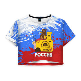 Женская футболка 3D укороченная с принтом Россия. Медведь. Балалайка в Новосибирске, 100% полиэстер | круглая горловина, длина футболки до линии талии, рукава с отворотами | матрешка | печька | россия. медведь. балалайка