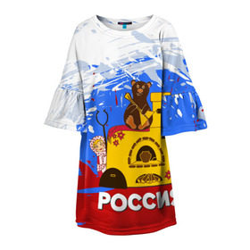 Детское платье 3D с принтом Россия. Медведь. Балалайка в Новосибирске, 100% полиэстер | прямой силуэт, чуть расширенный к низу. Круглая горловина, на рукавах — воланы | Тематика изображения на принте: матрешка | печька | россия. медведь. балалайка