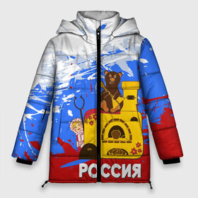Женская зимняя куртка 3D с принтом Россия Медведь Балалайка в Новосибирске, верх — 100% полиэстер; подкладка — 100% полиэстер; утеплитель — 100% полиэстер | длина ниже бедра, силуэт Оверсайз. Есть воротник-стойка, отстегивающийся капюшон и ветрозащитная планка. 

Боковые карманы с листочкой на кнопках и внутренний карман на молнии | матрешка | печька | россия. медведь. балалайка