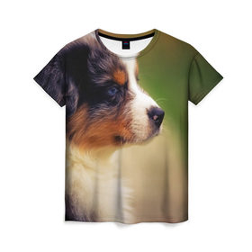 Женская футболка 3D с принтом Aussi в Новосибирске, 100% полиэфир ( синтетическое хлопкоподобное полотно) | прямой крой, круглый вырез горловины, длина до линии бедер | Тематика изображения на принте: австралийская овчарка | животные | пёс | собака | щенок