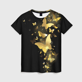 Женская футболка 3D с принтом Золотые бабочки в Новосибирске, 100% полиэфир ( синтетическое хлопкоподобное полотно) | прямой крой, круглый вырез горловины, длина до линии бедер | Тематика изображения на принте: бабочки | девушкам | злато | золото