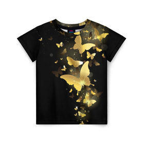 Детская футболка 3D с принтом Золотые бабочки в Новосибирске, 100% гипоаллергенный полиэфир | прямой крой, круглый вырез горловины, длина до линии бедер, чуть спущенное плечо, ткань немного тянется | Тематика изображения на принте: бабочки | девушкам | злато | золото