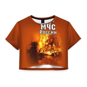 Женская футболка 3D укороченная с принтом МЧС России в Новосибирске, 100% полиэстер | круглая горловина, длина футболки до линии талии, рукава с отворотами | мчс | пожарный | россии
