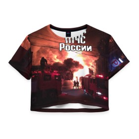 Женская футболка 3D укороченная с принтом МЧС в Новосибирске, 100% полиэстер | круглая горловина, длина футболки до линии талии, рукава с отворотами | мчс | пожарный | россии
