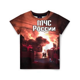 Детская футболка 3D с принтом МЧС в Новосибирске, 100% гипоаллергенный полиэфир | прямой крой, круглый вырез горловины, длина до линии бедер, чуть спущенное плечо, ткань немного тянется | Тематика изображения на принте: мчс | пожарный | россии