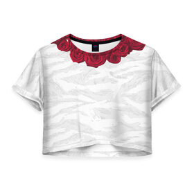 Женская футболка 3D укороченная с принтом Roses White в Новосибирске, 100% полиэстер | круглая горловина, длина футболки до линии талии, рукава с отворотами | Тематика изображения на принте: розы цветы swag тренд мода клубная