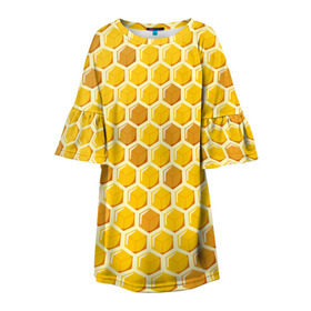 Детское платье 3D с принтом Медовые соты в Новосибирске, 100% полиэстер | прямой силуэт, чуть расширенный к низу. Круглая горловина, на рукавах — воланы | Тематика изображения на принте: арт | еда | мед | пчелы | соты