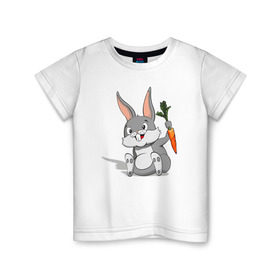 Детская футболка хлопок с принтом Зайчик в Новосибирске, 100% хлопок | круглый вырез горловины, полуприлегающий силуэт, длина до линии бедер | Тематика изображения на принте: год кролика | зайчик | заяц | кролик | морковь