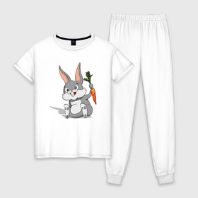Женская пижама хлопок с принтом Зайчик в Новосибирске, 100% хлопок | брюки и футболка прямого кроя, без карманов, на брюках мягкая резинка на поясе и по низу штанин | год кролика | зайчик | заяц | кролик | морковь