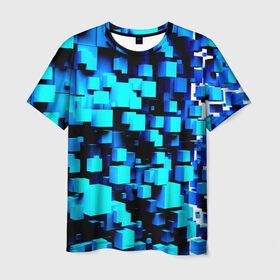 Мужская футболка 3D с принтом Кубическая текстура в Новосибирске, 100% полиэфир | прямой крой, круглый вырез горловины, длина до линии бедер | кубы | объем | синий