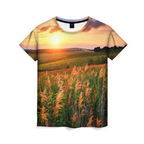 Женская футболка 3D с принтом Родные просторы в Новосибирске, 100% полиэфир ( синтетическое хлопкоподобное полотно) | прямой крой, круглый вырез горловины, длина до линии бедер | sunrise | sunset | восход | деревня | закат | луг | небо | облака | поле | природа | солнце | цветы