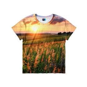 Детская футболка 3D с принтом Родные просторы в Новосибирске, 100% гипоаллергенный полиэфир | прямой крой, круглый вырез горловины, длина до линии бедер, чуть спущенное плечо, ткань немного тянется | Тематика изображения на принте: sunrise | sunset | восход | деревня | закат | луг | небо | облака | поле | природа | солнце | цветы