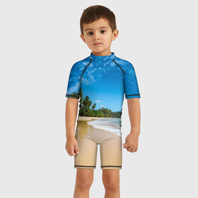Детский купальный костюм 3D с принтом Шикарный пляж в Новосибирске, Полиэстер 85%, Спандекс 15% | застежка на молнии на спине | вода | голубое небо | жара | загар | зной | каникулы | купание | море | океан | отдых | отпуск | пальмы | песок | приключение | путешествие | туризм