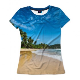 Женская футболка 3D с принтом Шикарный пляж в Новосибирске, 100% полиэфир ( синтетическое хлопкоподобное полотно) | прямой крой, круглый вырез горловины, длина до линии бедер | вода | голубое небо | жара | загар | зной | каникулы | купание | море | океан | отдых | отпуск | пальмы | песок | приключение | путешествие | туризм