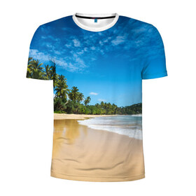 Мужская футболка 3D спортивная с принтом Шикарный пляж в Новосибирске, 100% полиэстер с улучшенными характеристиками | приталенный силуэт, круглая горловина, широкие плечи, сужается к линии бедра | вода | голубое небо | жара | загар | зной | каникулы | купание | море | океан | отдых | отпуск | пальмы | песок | приключение | путешествие | туризм