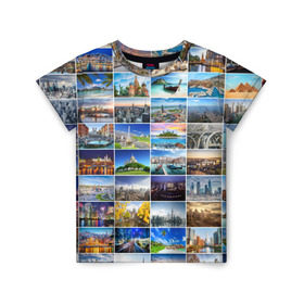 Детская футболка 3D с принтом Мир путешествий в Новосибирске, 100% гипоаллергенный полиэфир | прямой крой, круглый вырез горловины, длина до линии бедер, чуть спущенное плечо, ткань немного тянется | Тематика изображения на принте: азия | берлин | вегас | венеция | воспоминания | города | достопримечательности | европа | египет | калифорния | каникулы | лондон | милан | москва | ностальгия | нью йорк | отдых | отпуск | память