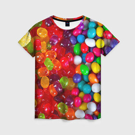 Женская футболка 3D с принтом Вкусняшки в Новосибирске, 100% полиэфир ( синтетическое хлопкоподобное полотно) | прямой крой, круглый вырез горловины, длина до линии бедер | вкуснотища | вкусняшки | глазурь | карамельки | конфетки | конфеты | мармеладки | сахар | сладости