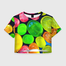 Женская футболка 3D укороченная с принтом Карамельки в Новосибирске, 100% полиэстер | круглая горловина, длина футболки до линии талии, рукава с отворотами | вкусности | вкусняшки | карамельки | конфетки | конфеты | леденцы | сахар | сладости