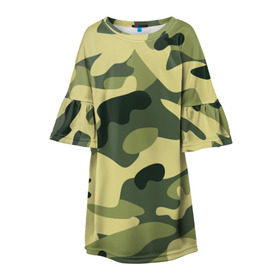 Детское платье 3D с принтом Зелёный камуфляж в Новосибирске, 100% полиэстер | прямой силуэт, чуть расширенный к низу. Круглая горловина, на рукавах — воланы | Тематика изображения на принте: camouflage | green camouflage | зеленый камуфляж | камуфляж