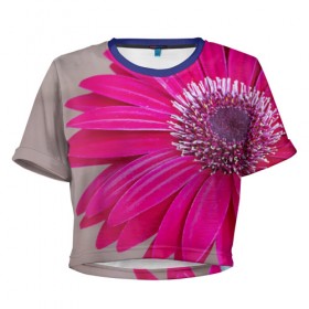 Женская футболка 3D укороченная с принтом Гербера 2 в Новосибирске, 100% полиэстер | круглая горловина, длина футболки до линии талии, рукава с отворотами | герберы | зелень | лепестки | природа | растения | цветы
