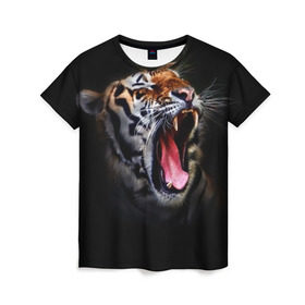 Женская футболка 3D с принтом Оскал тигра в Новосибирске, 100% полиэфир ( синтетическое хлопкоподобное полотно) | прямой крой, круглый вырез горловины, длина до линии бедер | Тематика изображения на принте: дикая кошка | пасть | тигр | хищник