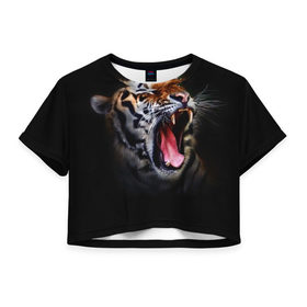 Женская футболка 3D укороченная с принтом Оскал тигра в Новосибирске, 100% полиэстер | круглая горловина, длина футболки до линии талии, рукава с отворотами | дикая кошка | пасть | тигр | хищник