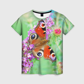 Женская футболка 3D с принтом Прелесть в Новосибирске, 100% полиэфир ( синтетическое хлопкоподобное полотно) | прямой крой, круглый вырез горловины, длина до линии бедер | бабочка | лепестки | прикольные картинки | природа | цветочки | цветы