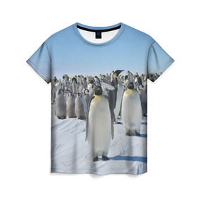 Женская футболка 3D с принтом Пингвины в Новосибирске, 100% полиэфир ( синтетическое хлопкоподобное полотно) | прямой крой, круглый вырез горловины, длина до линии бедер | пингвин