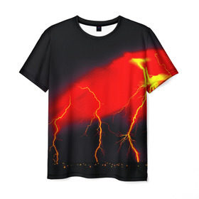 Мужская футболка 3D с принтом Гроза в Новосибирске, 100% полиэфир | прямой крой, круглый вырез горловины, длина до линии бедер | красный | молния | ночь | черный