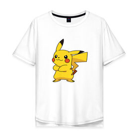 Мужская футболка хлопок Oversize с принтом Pikachu в Новосибирске, 100% хлопок | свободный крой, круглый ворот, “спинка” длиннее передней части | pikachu | pokemon | пикачу | покемон