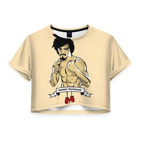 Женская футболка 3D укороченная с принтом Manny Pacquiao в Новосибирске, 100% полиэстер | круглая горловина, длина футболки до линии талии, рукава с отворотами | мэнни пакьяо