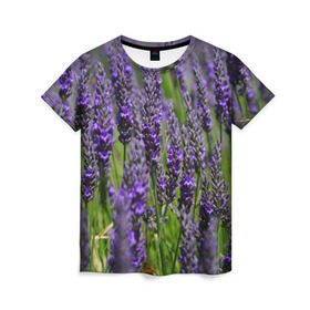 Женская футболка 3D с принтом Лаванда в Новосибирске, 100% полиэфир ( синтетическое хлопкоподобное полотно) | прямой крой, круглый вырез горловины, длина до линии бедер | зеленый | зелень | лаванда | лето | поле | природа | синий | цветы