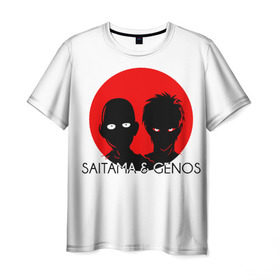 Мужская футболка 3D с принтом Saitama & Genos в Новосибирске, 100% полиэфир | прямой крой, круглый вырез горловины, длина до линии бедер | Тематика изображения на принте: genos | one punch man | saitama