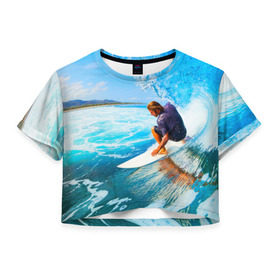 Женская футболка 3D укороченная с принтом Лето в Новосибирске, 100% полиэстер | круглая горловина, длина футболки до линии талии, рукава с отворотами | берег | волна | лето | море | отдых | серфинг