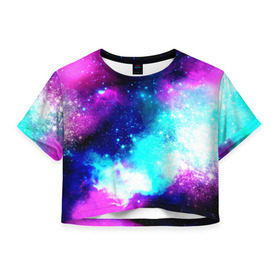 Женская футболка 3D укороченная с принтом Космические краски в Новосибирске, 100% полиэстер | круглая горловина, длина футболки до линии талии, рукава с отворотами | star | звезды | яркие