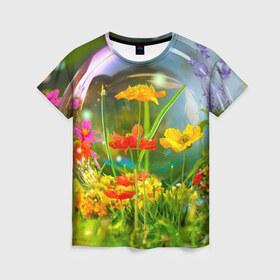 Женская футболка 3D с принтом Flowers в Новосибирске, 100% полиэфир ( синтетическое хлопкоподобное полотно) | прямой крой, круглый вырез горловины, длина до линии бедер | арт | краска | лето | лучи | любовь | новинки | популярные | природа | рисунки | свет | цветы