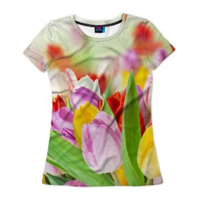 Женская футболка 3D с принтом Мир тюльпанов в Новосибирске, 100% полиэфир ( синтетическое хлопкоподобное полотно) | прямой крой, круглый вырез горловины, длина до линии бедер | арт | краска | лето | лучи | любовь | новинки | популярные | природа | рисунки | свет | цветы