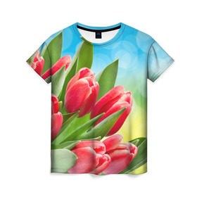 Женская футболка 3D с принтом Полевые тюльпаны в Новосибирске, 100% полиэфир ( синтетическое хлопкоподобное полотно) | прямой крой, круглый вырез горловины, длина до линии бедер | арт | краска | лето | лучи | любовь | новинки | популярные | природа | рисунки | свет | цветы