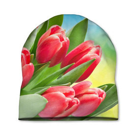 Шапка 3D с принтом Полевые тюльпаны в Новосибирске, 100% полиэстер | универсальный размер, печать по всей поверхности изделия | арт | краска | лето | лучи | любовь | новинки | популярные | природа | рисунки | свет | цветы