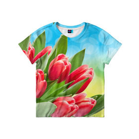 Детская футболка 3D с принтом Полевые тюльпаны в Новосибирске, 100% гипоаллергенный полиэфир | прямой крой, круглый вырез горловины, длина до линии бедер, чуть спущенное плечо, ткань немного тянется | арт | краска | лето | лучи | любовь | новинки | популярные | природа | рисунки | свет | цветы
