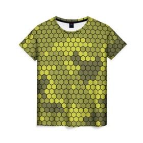 Женская футболка 3D с принтом Кибер камуфляж 8 в Новосибирске, 100% полиэфир ( синтетическое хлопкоподобное полотно) | прямой крой, круглый вырез горловины, длина до линии бедер | желтый | соты