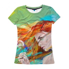 Женская футболка 3D с принтом Летняя пора в Новосибирске, 100% полиэфир ( синтетическое хлопкоподобное полотно) | прямой крой, круглый вырез горловины, длина до линии бедер | Тематика изображения на принте: lineking | вектор | волосы на ветру | девушка | краски | модель | одуванчик | рыжая